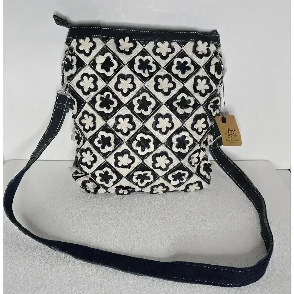 H2Z Leather 3D Floral Navy/Lt. Gray Crossbody Purse Boho Hippie Retro UPCYCLED